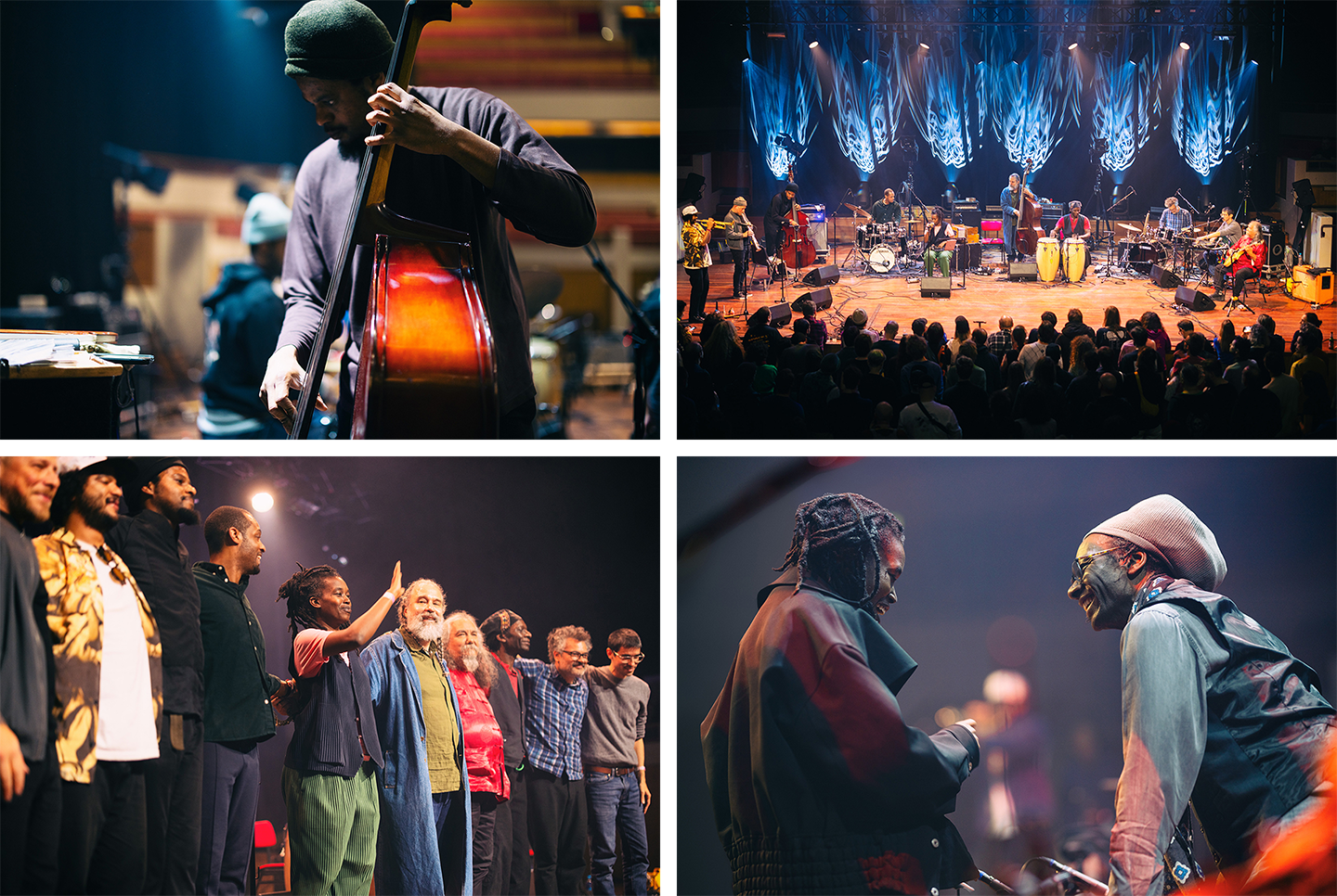 four photos that portray members of The Harvest Time Project on stage during their performance at Le Guess Who Festival. in one of the photos, all the members are lined up, thanking the audience 
